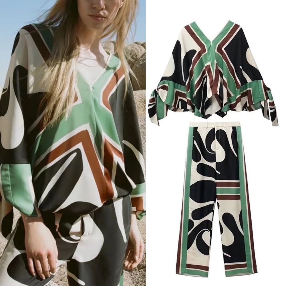Summer Reverie Drape Shirt & High Waist Wide Pant Two Piece Satin Hand Feel